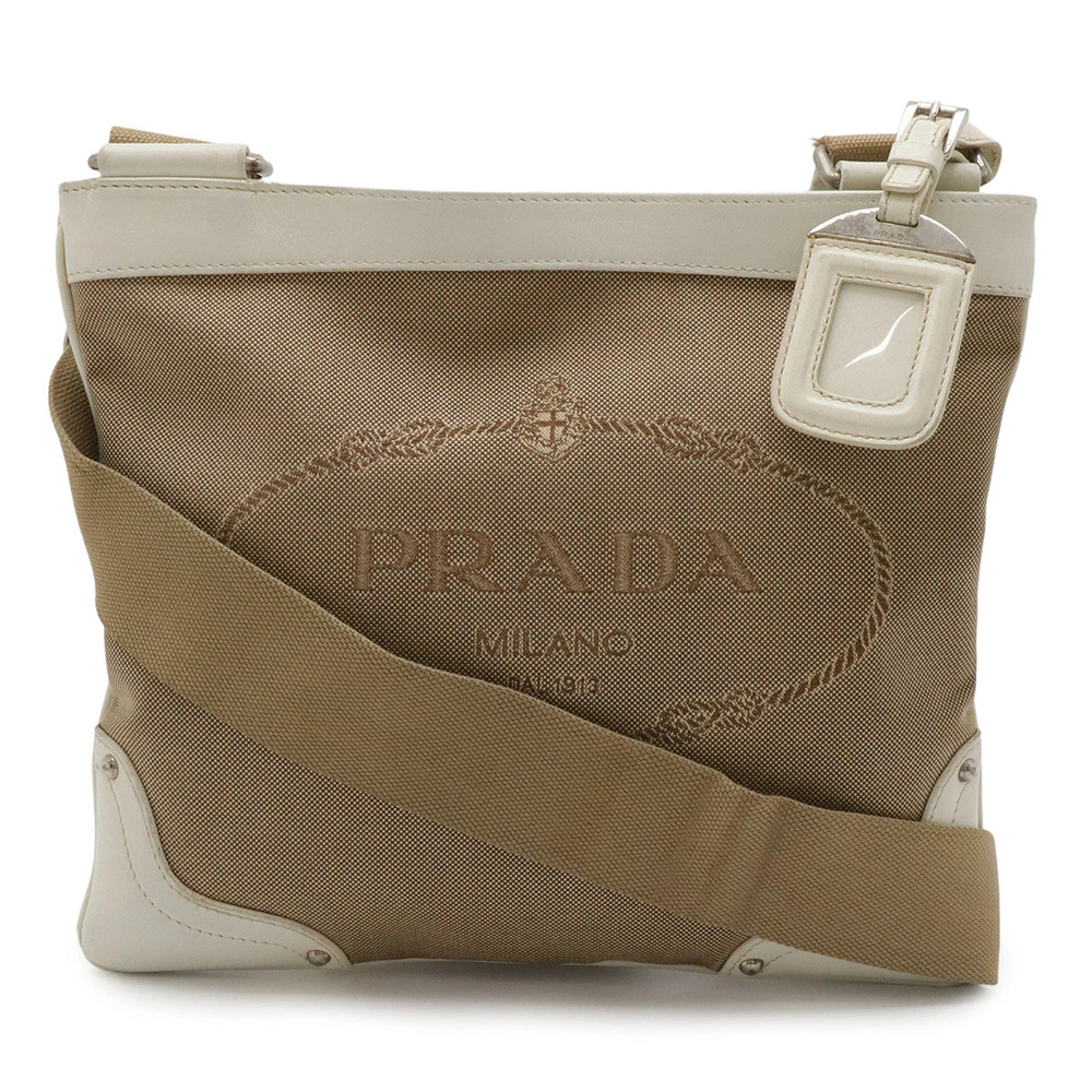 Prada Shoulder Bag Pochette Canvas Leather Beige Brown Cream Ivory White